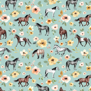 Horses and Flowers on Aqua Blue - Large Print