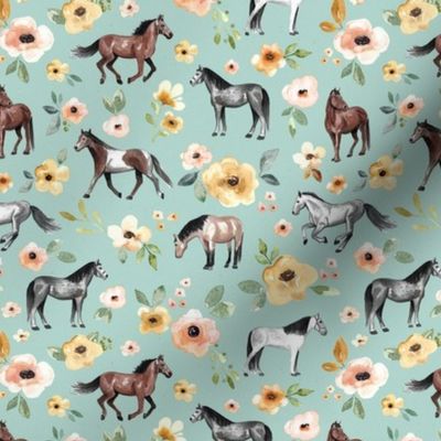 Horses and Flowers on Aqua Blue - Small Print