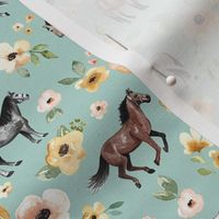 Horses and Flowers on Aqua Blue - Small Print