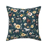 Horses and Flowers on Navy Blue - Large Print