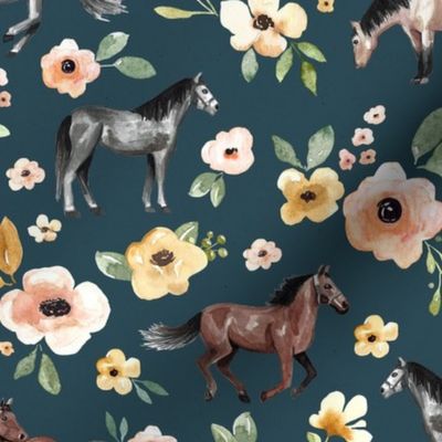 Horses and Flowers on Navy Blue - Large Print