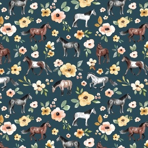 Horses and Flowers on Navy Blue - Large Print