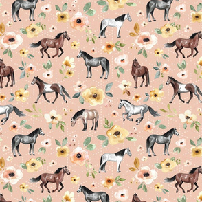 Horses and Flowers on Pink with Dots - Large Print