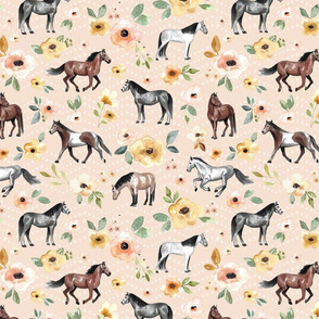 Horses and Flowers on Light Pink with Dots - Large Print