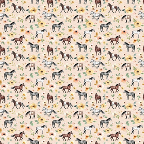 Horses and Flowers on Light Pink with Dots - Small Print