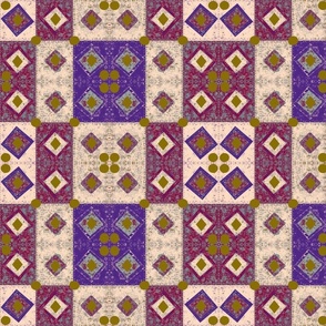 Crackled Patchwork Tiles Pattern - Khaki, Navy Blue, Oatmeal, Purple