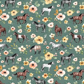 Horses and Flowers on Teal with Dots - Large Print