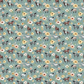Horses and Flowers on Blue with Dots - Small Print