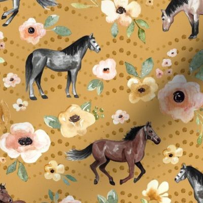 Horses and Flowers on Golden Yellow with Dots Large