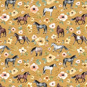 Horses and Flowers on Golden Yellow with Dots Large