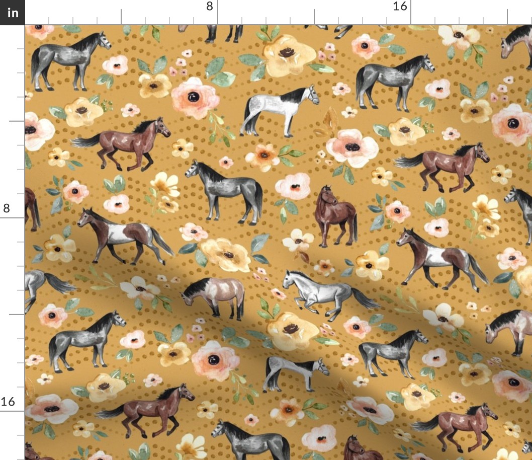 Horses and Flowers on Golden Yellow with Dots Large