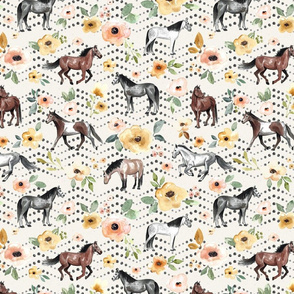 Horses and Flowers on White with dots