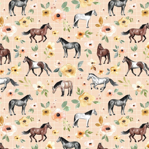Horses and Flowers on Pink with Stripes Large