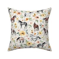 Horses and Flowers on White with Boho Dots Large