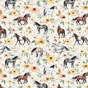 Horses and Flowers on White with Boho Dots Large