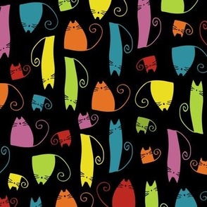 small scale cats - tinkle cat multicolor on black - hand-drawn cats - cats fabric