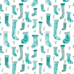 small scale - watercolor stockings - minty blue on white