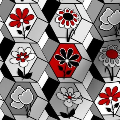 Geometric Hexagons and Flowers // Red, Gray, Black and White