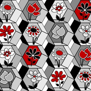 Geometric Hexagons and Flowers // Red, Gray, Black and White