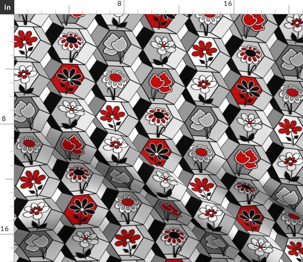 Geometric Hexagons and Flowers // Red, Gray, Black and White