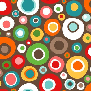 Colorful Mid Century Modern Wobbly Circle Bits // V2 // Dark Brown Background // Medium Scale - 450 DPI