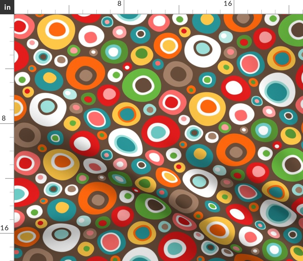 Colorful Mid Century Modern Wobbly Circle Bits // V2 // Dark Brown Background // Medium Scale - 450 DPI