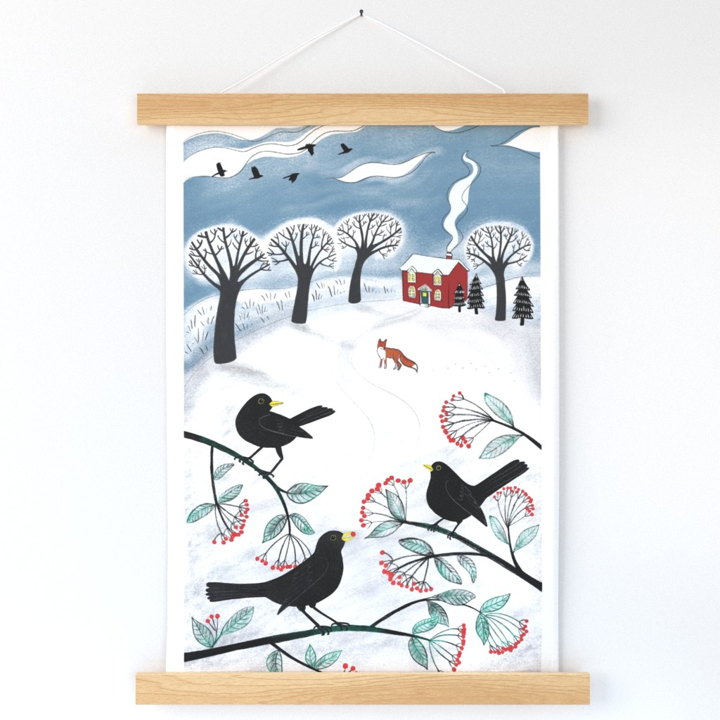 Blackbirds in the snow - Holiday Tea Towel