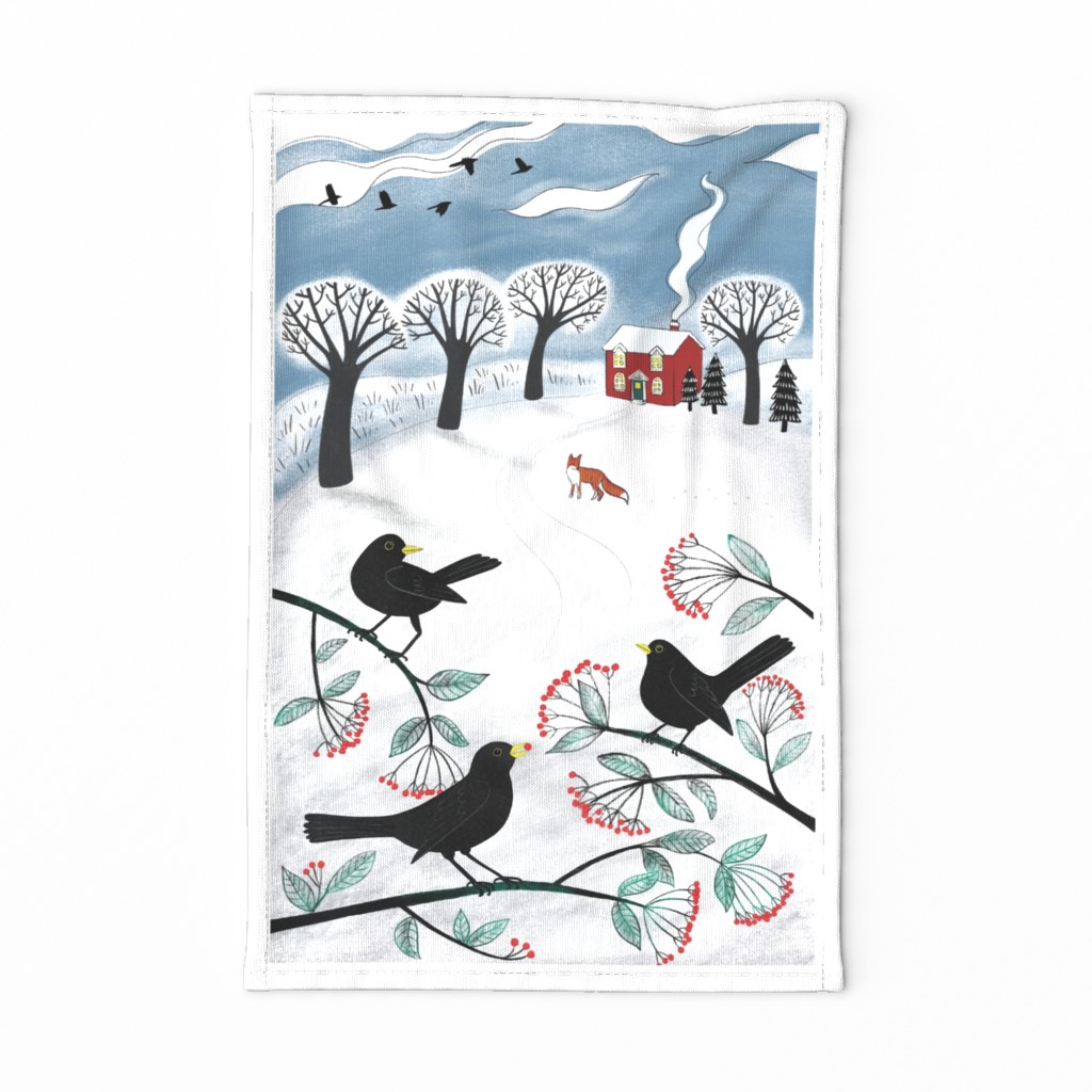 Blackbirds in the snow - Holiday Tea Towel