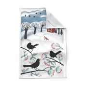 Blackbirds in the snow - Holiday Tea Towel