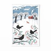 Blackbirds in the snow - Holiday Tea Towel