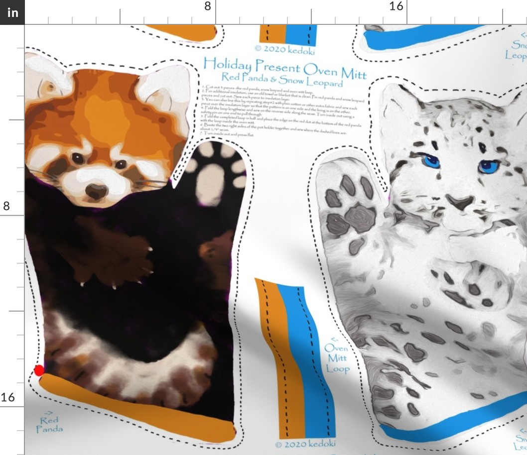 Oven Mitt- 2 Sided-Red Panda on one side and Snow Leopard by kedoki