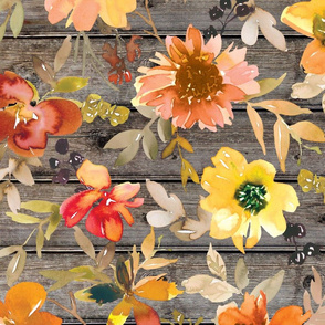 Fall Golden Floral on dark wood - extra large scale
