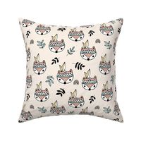 Little indian foxes and feathers garden leaves and woodland animals for kids pastel mint coral yellow