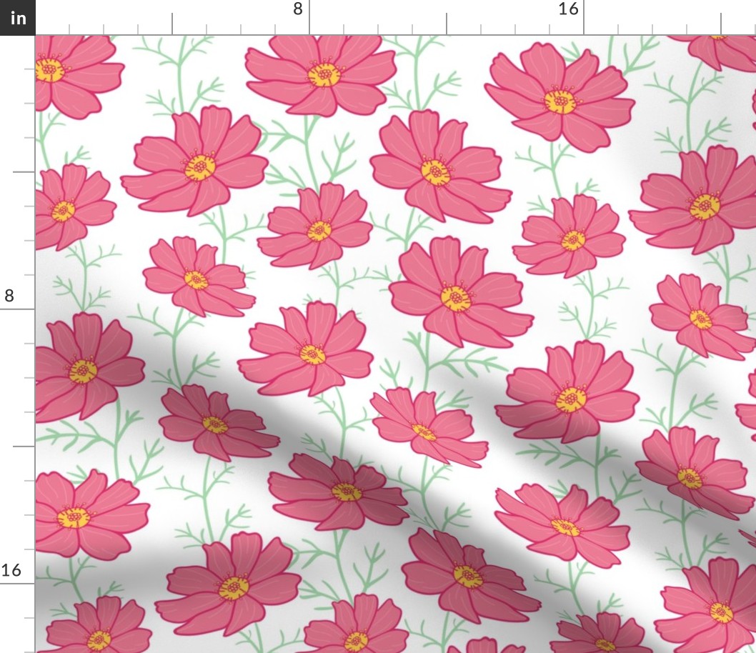 Pink cosmos flowers with stalks on white background. Floral pattern design. 