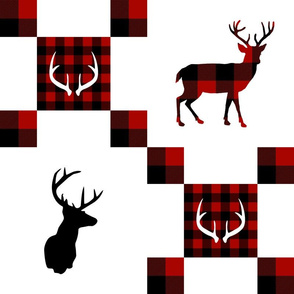 Red black buffalo plaid deer patchwork wholecloth