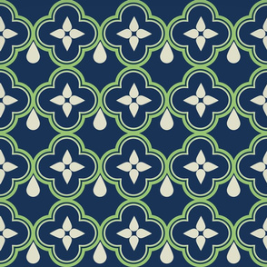 Moroccan Drops - Green/Cream on Navy 