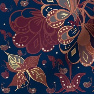 Eastern Nouveau Bohemian Maximalist Autumn Flora On Navy