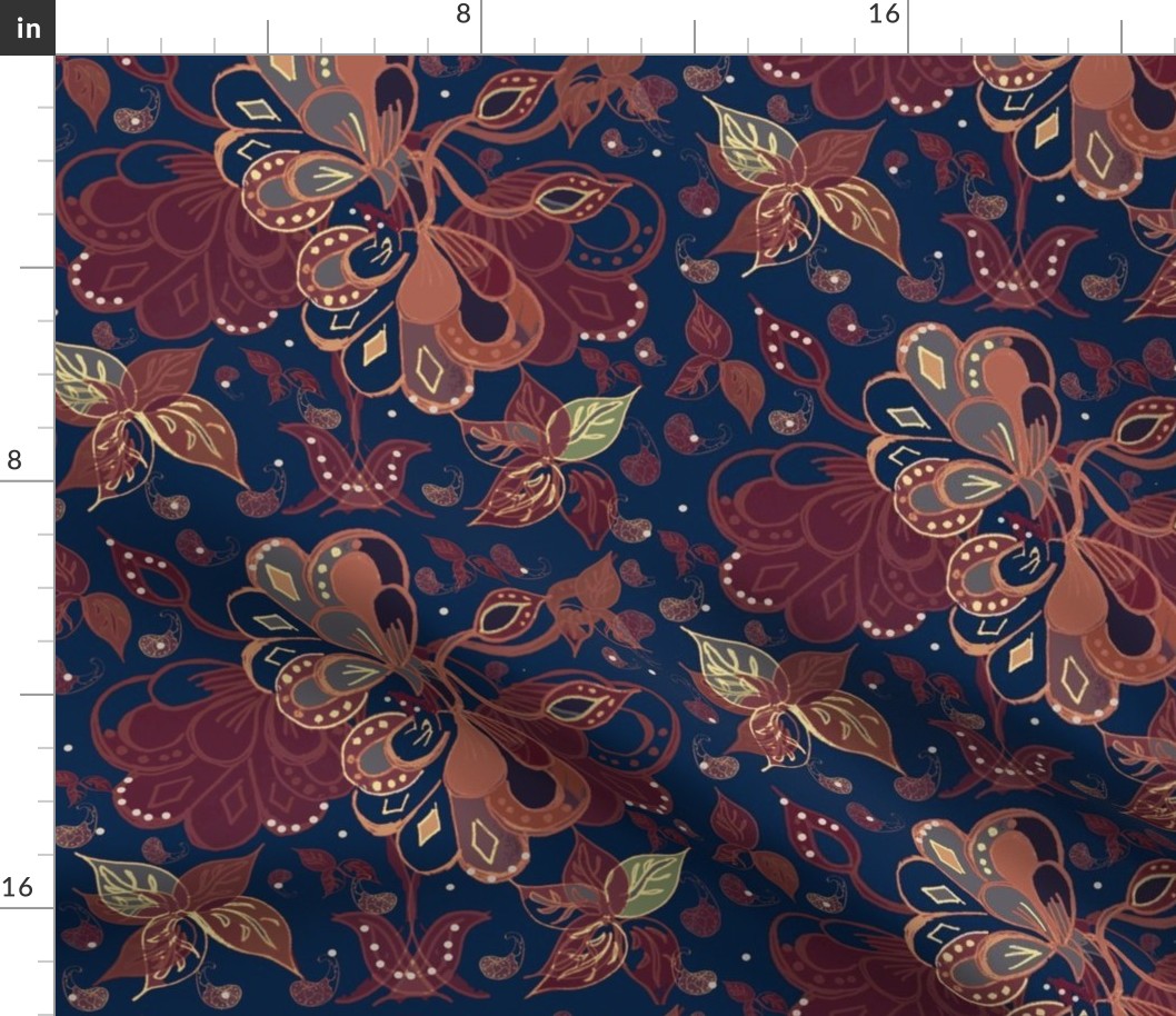 Eastern Nouveau Bohemian Maximalist Autumn Flora On Navy