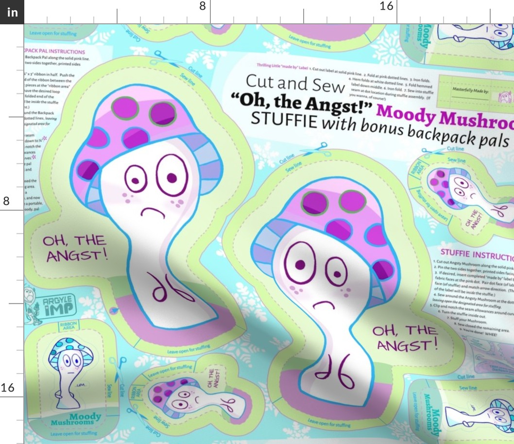"Oh The Angst" Moody Mushroom Cut and Sew Stuffie -- Fat Quarter Project Cut and Sew Panel Emotional Mushroom Stuffie with Bonus Stuffie Backpack Pals 