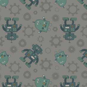 Retro Robots Gray with Gears and Gadgets Large