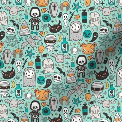 Halloween Doodle Skulls,Spiders,Skeleton,Bat, Ghost,Web, Zombies on Mint Green Smaller Tiny