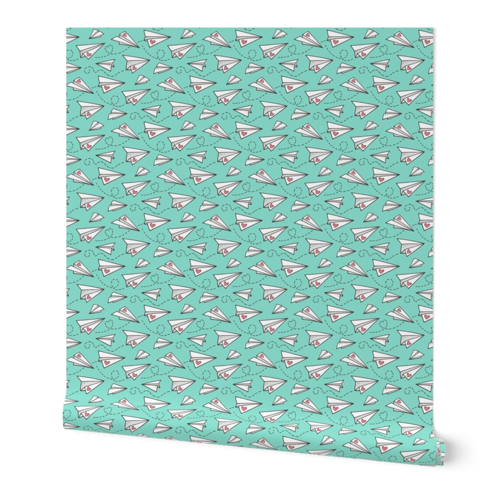 Paper Plane Love Hearts Valentine on Mint Green 50% Smaller Tiny
