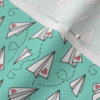 Paper Plane Love Hearts Valentine on Mint Green 50% Smaller Tiny