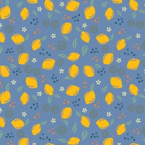 Lemons, Berries and Blossoms on Serenity Blue