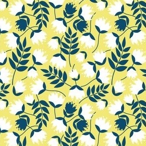 Spring Florals - White with Teal Stems on Spring Yellow background