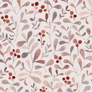 Winter flora large beige - watercolor red berries and mistletoe leaves 