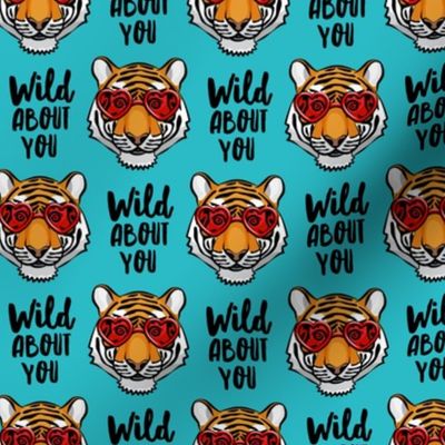 Wild about you - Tigers with heart glasses - teal - valentines day - LAD20