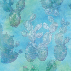 Prickly Pear Rumba – Blue-Green "Textured" Cacti on Watercolor