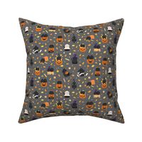 Enchanting Cats & Candy Halloween Pattern on Gray Background