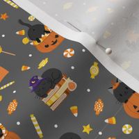 Enchanting Cats & Candy Halloween Pattern on Gray Background